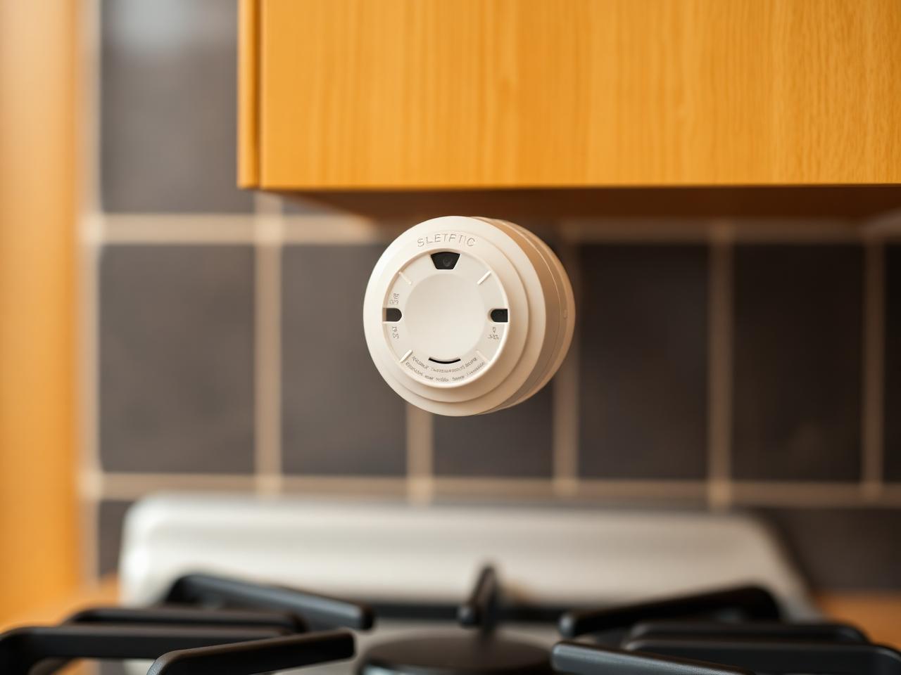 Detector de gaze montat pe peretele bucătăriei, deasupra plitei pe gaz